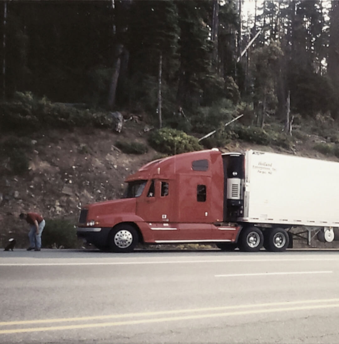 A driver stops to walk his co-pilot.